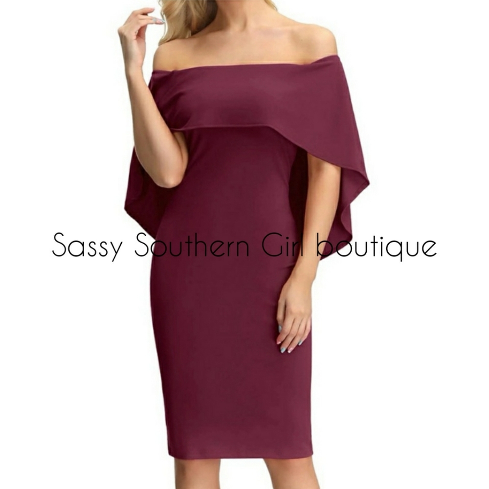 ⭐🆕Wine red off shoulder cape dress - Picture 2 of 7